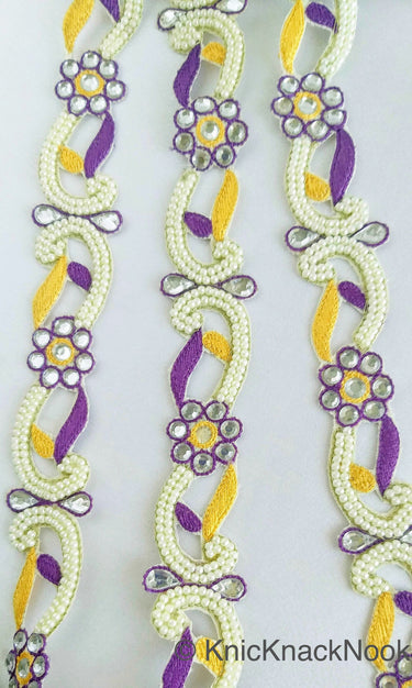Floral Embroidered Cutwork Trim, Yellow Embroidery, Beaded Floral Trim
